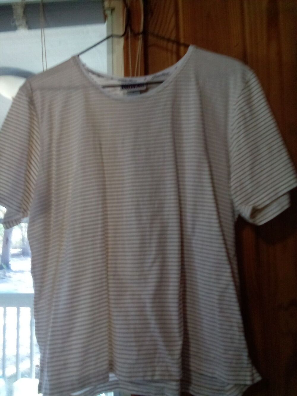Bill Blass Cotton L Tan And White Women's Striped Short Sleeve Shirt